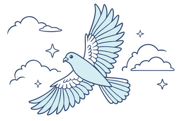 Obraz premium Light blue dove flying among clouds and stars simple line art illustration