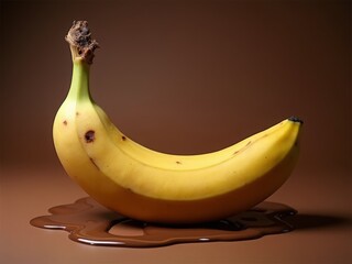 A single ripe yellow banana rests on a puddle of melted chocolate against a warm brown background.