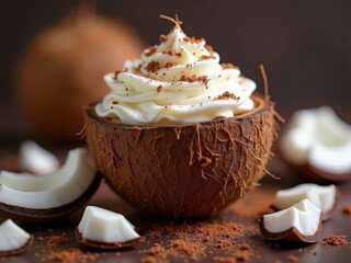 A delicious dessert served in a halved coconut shell, topped with swirls of whipped cream and sprinkled with brown powder, with pieces of coconut meat scattered around.