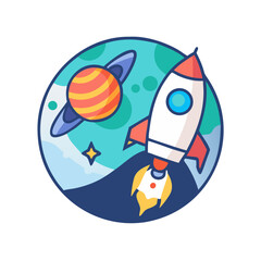 Cartoon Rocket Ship Launching in Space with Planet and Star Illustration