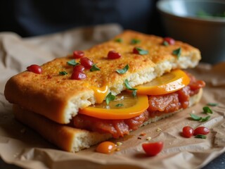 A sandwich made with flatbread is filled with red spread and orange slices, garnished with small red pieces and green herbs on brown paper.