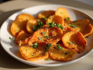 A white plate holds golden roasted sweet potato slices sprinkled with white grains and green herbs.