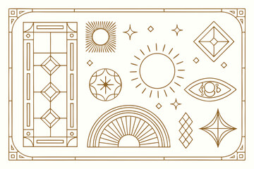 Minimalist golden geometric shapes collection sun stars eye rainbow ornamental frame design