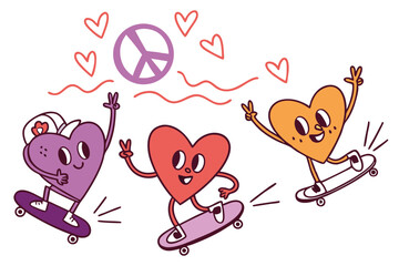 Heart characters skateboarding with peace sign valentines day celebration positive vibes