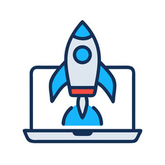 Startup Launch: Rocket Taking Off from Laptop Screen, Online Business Growth