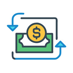 Money Exchange Icon: Dollar Coin and Bill with Circular Arrows