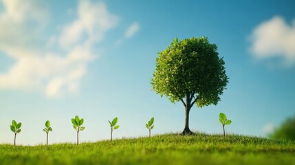 A row of seedlings, growing into a mature tree on a green hill. Growth.