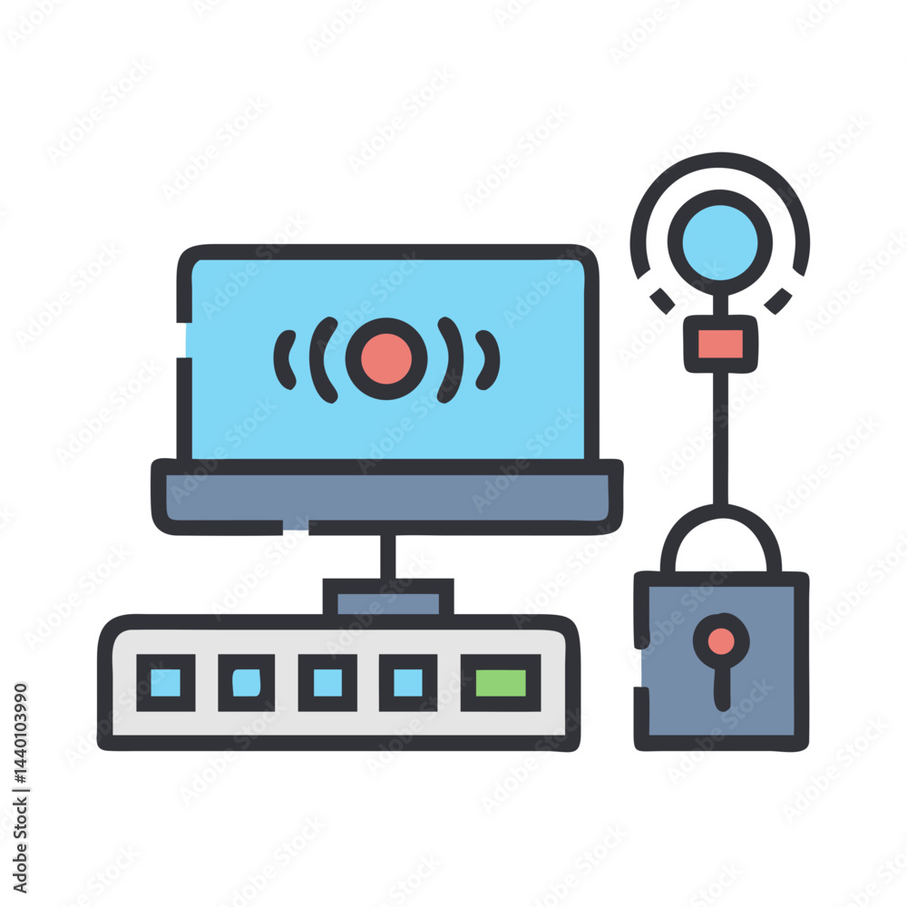 Poster data security icon: computer monitor connected to a lock and a key