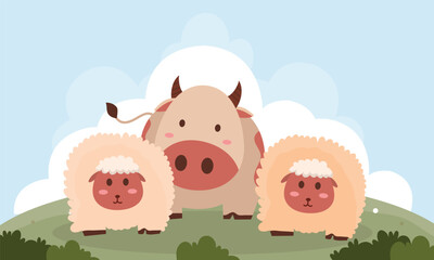 Three fluffy sheep standing calmly on white clouds