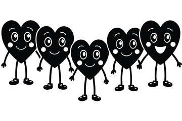 Obraz premium Monochrome cartoon hearts with smiling faces standing in a row illustration