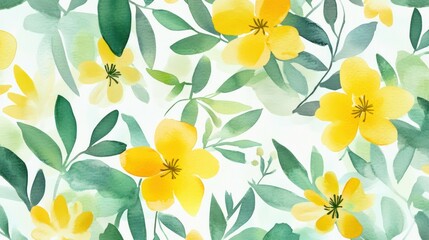 Floral watercolor pattern with yellow flowers and green leaves. Soft, fresh.