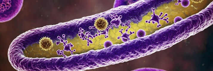 A detailed microscopic view of viruses inside a vein with a purple and yellow color scheme present here