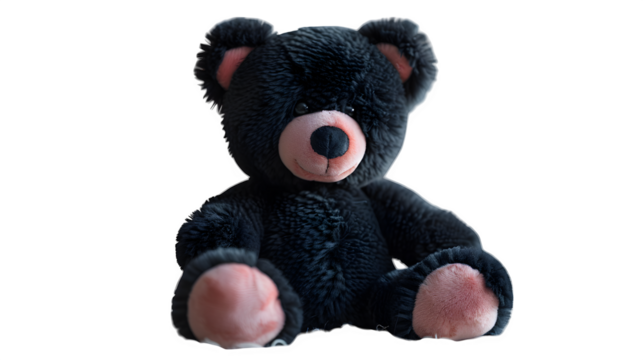 Black teddy bear with pink cheeks made of soft plush fabric, ultra-realistic texture, sharp focus, white background, isolated object, high detail, studio lighting, no shadows