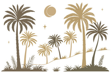 Tropical palm trees silhouette scene with moon and stars golden tones