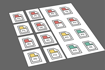 Various file format icons arranged on a sheet of paper flat lay
