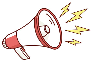 Vector illustration of a red and white megaphone with yellow lightening bolts