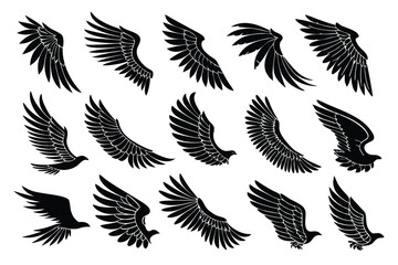 Vector set of stylized wings collection in various shapes and poses black silhouettes