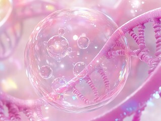 3D - rendered liquid bubble with cosmetic essence and molecular elements on a pink DNA - inspired background, highlighting beauty and scientific innovation.