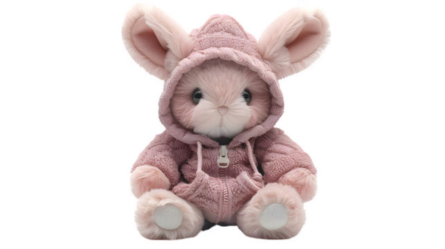 Bunny plush with hoodie and pastel color scheme made of soft plush fabric, ultra-realistic texture, sharp focus, white background, isolated object, high detail, studio lighting, no shadows