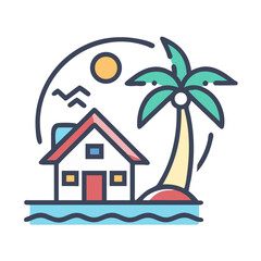 Obraz premium Island House Getaway: Beachfront Home with Palm Tree Vector Icon