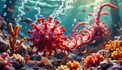 underwater scene a virus depicted as a sea creature, with flowing textures and marine elements, set in an underwater environment.