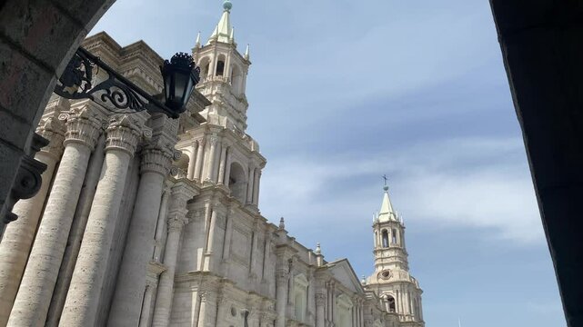 View through the arch on the neoclassical Basilica Cathedral of Arequipa, Peru