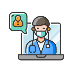 Online Doctor Consultation on Laptop with Medical Mask and Patient Icon