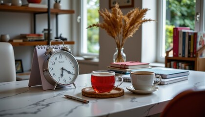 Cozy home office desk with warm drinks