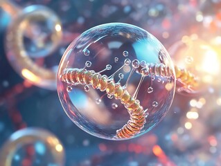 3D - rendered liquid bubble with cosmetic essence and molecular details on a vibrant DNA - based background, symbolizing cutting - edge beauty science.