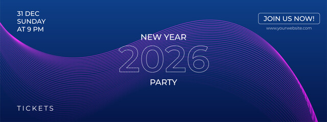 Vector Futuristic Abstract Purple Blue Wave Banner for New Year 2026 Party Celebration