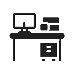 Desk with computer and office supplies, minimal flat icon illustration