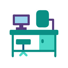 Modern Workplace Flat Illustration: Desk, Computer, and Chair on Black
