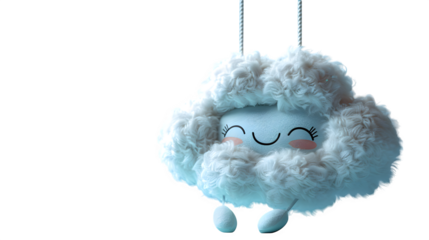 Cloud character with smiling face and dangling legs made of soft plush fabric, ultra-realistic texture, sharp focus, white background, isolated object, high detail, studio lighting, no shadows