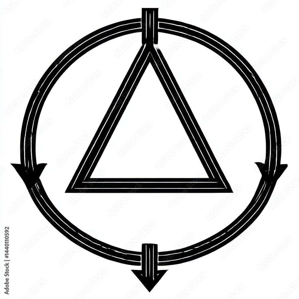 Poster abstract black and white symbol featuring a triangle surrounded by a circled arrow graphic design.