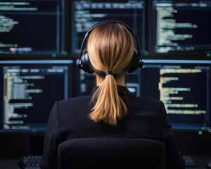 A woman with headphones sits in front of multiple monitors displaying code, focusing on programming or cybersecurity tasks.