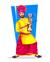Portrait of Sikh Man performing bhangra with traditional musical instrument Sarangi during Baisakhi Celebration