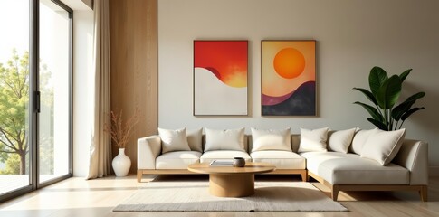 Empty niches in beige living room with canvas paintings, display, luxury, copy space