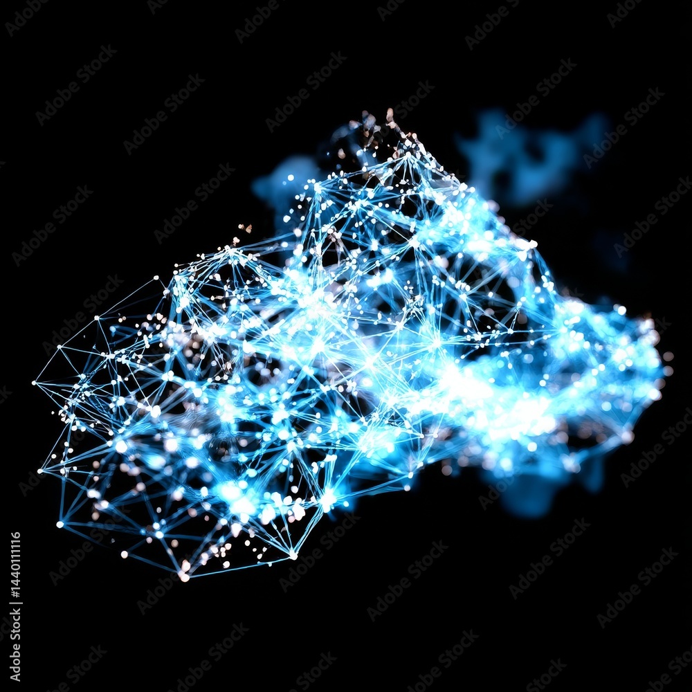 Fototapete abstract glowing network: interconnected nodes on black backdrop representing data, technology, and 
