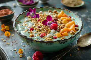 Healthy green smoothie bowl topped with bananas, berries, melon, and oats
