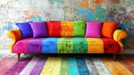 Colorful couch, pillows, painted wall, and wooden floor