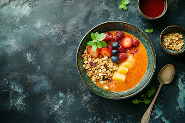 Healthy green smoothie bowl topped with bananas, berries, melon, and oats
