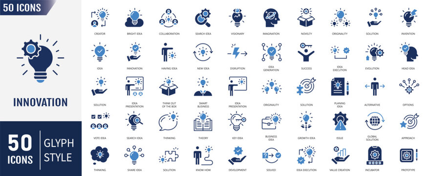 Innovation icon set. Containing icons: Creativity, invention, prototype, visionary, idea generation, agile, revolution and more. Vector illustration