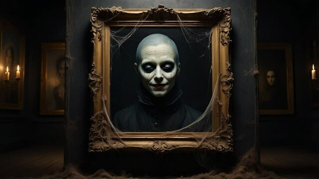 Framed dark portrait of bald man with intense stare in dim light