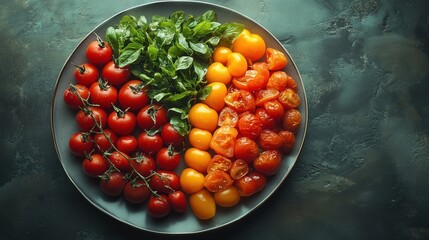 Plate with cherry tomatoes and greens arranged in sections on dark surface.