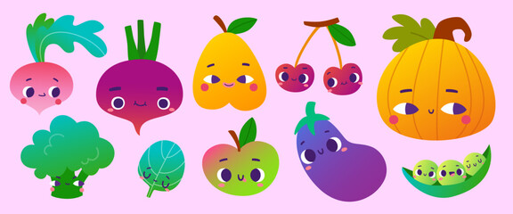 Funny fruits and vegetables vector set. Cute green food with faces collection.