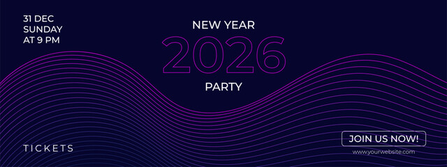 Vector Futuristic Abstract Purple Blue Wave Banner for New Year 2026 Party Celebration