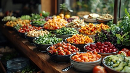 Many bowls with colorful fresh vegetables and greens are displayed on table.