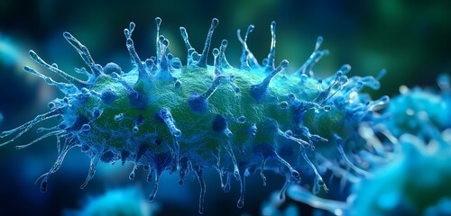 Close up of a blue and green virus cell with spikes on a dark blue and green gradient background