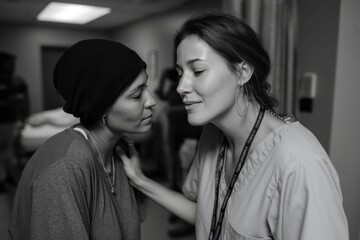 Naklejka premium A poignant moment captured between two women, showcasing emotional intimacy and connection, reflecting the supportive bond in times of hardship or healing.