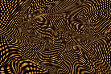Abstract orange gold halftone dots banner on black background. Flowing dots pattern gradient. Modern, futuristic, technology style